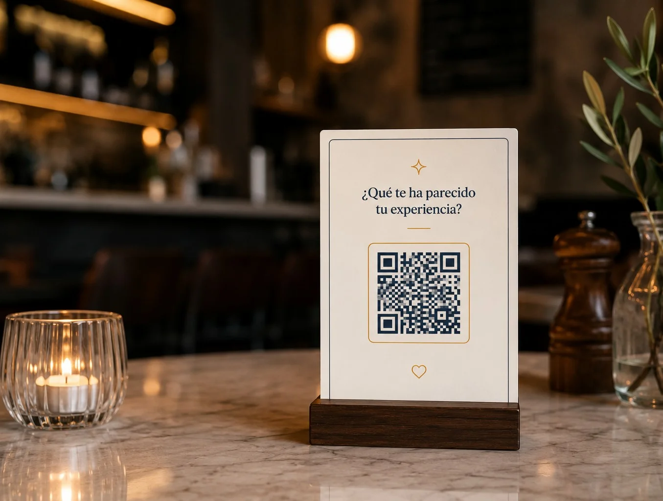 Soporte con código QR para reseñas en la mesa de un restaurante