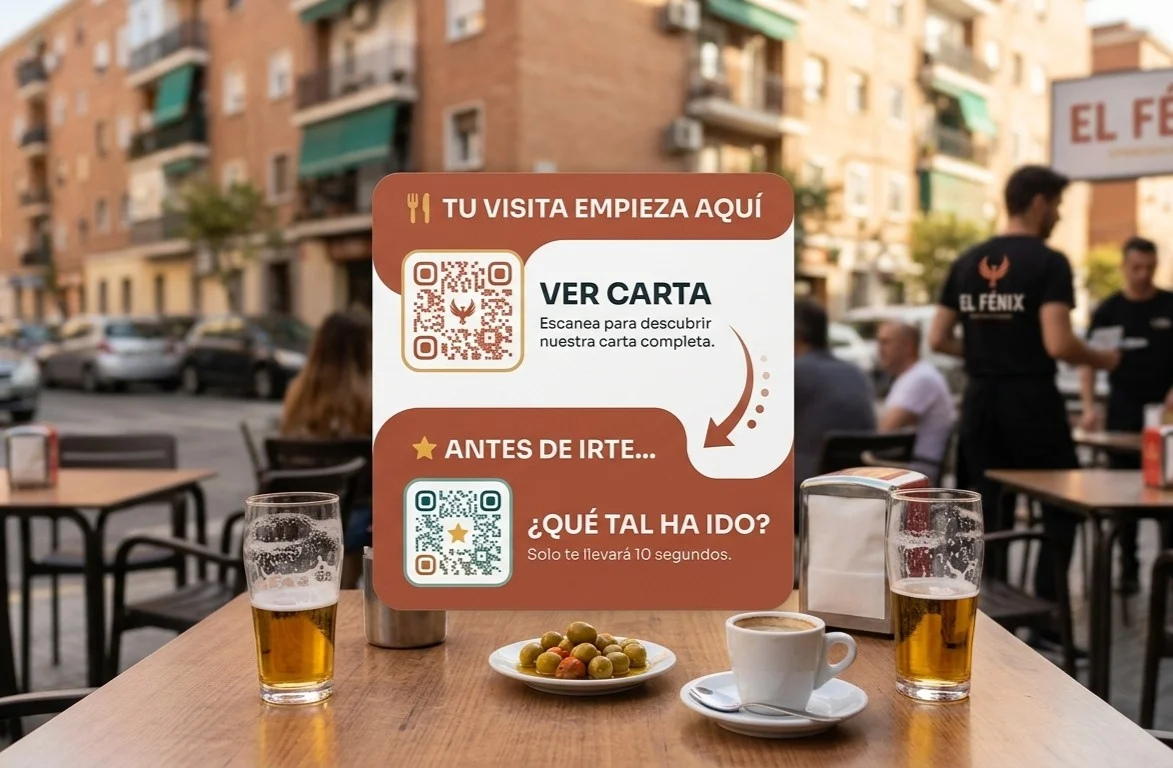 Cartel de mesa de Restaurante El Fénix con dos QR: uno para ver la carta y otro para dejar una reseña en 10 segundos