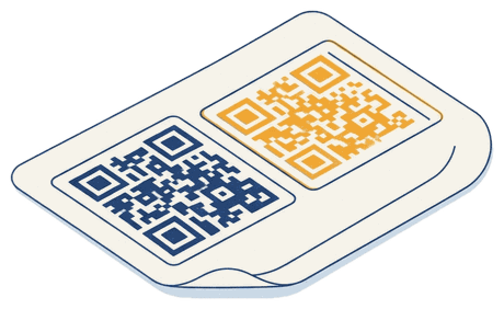 Pegatina de vinilo con las esquinas levantadas y dos códigos QR: uno azul y otro ámbar.