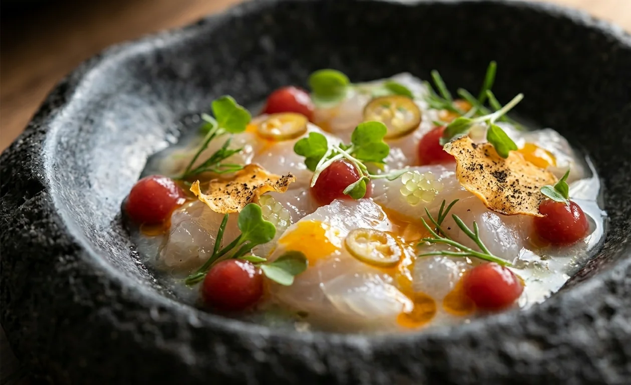 Carpaccio de pescado de roca con tomate y germinados
