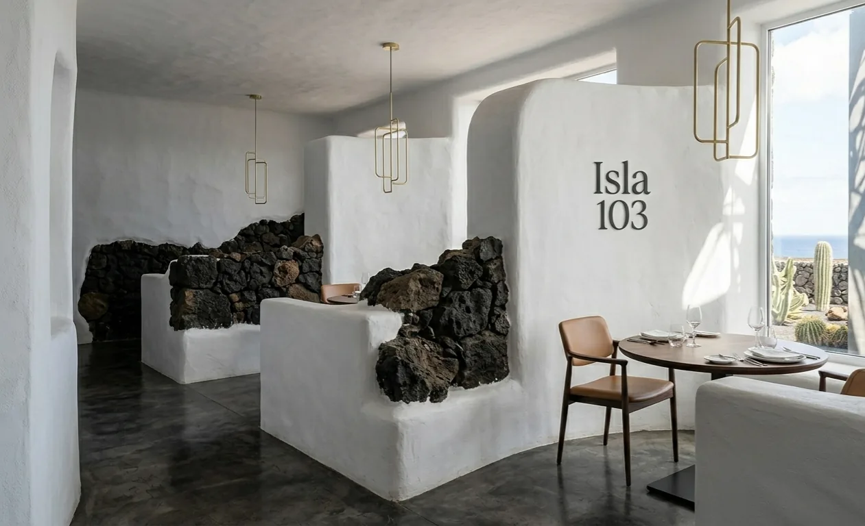 Sala de Isla 103: muros de cal blanca, piedra volcánica y vistas al Atlántico
