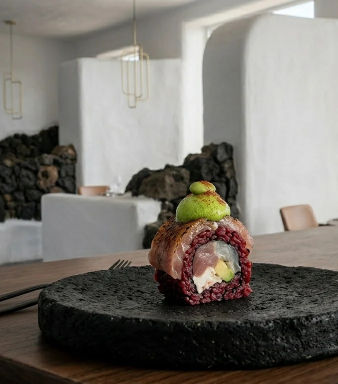 Pase del menú Isla 103: roll de arroz rojo con velo verde