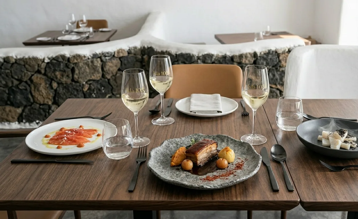 Mesa de Isla 103 con copas de la casa, salmón y cochino negro