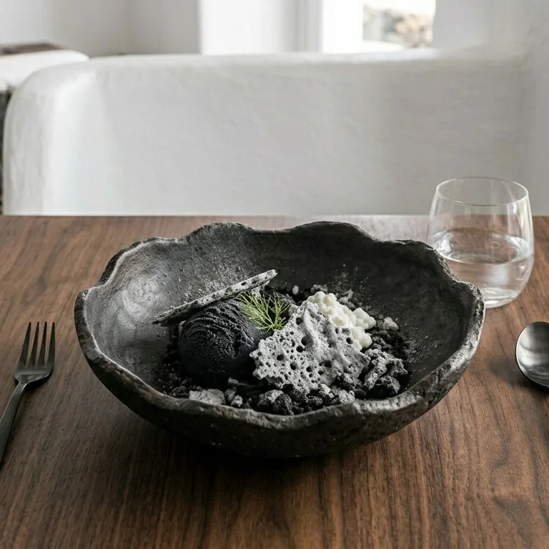 Postre Cenizas de Timanfaya: helado de sésamo negro y texturas de ceniza